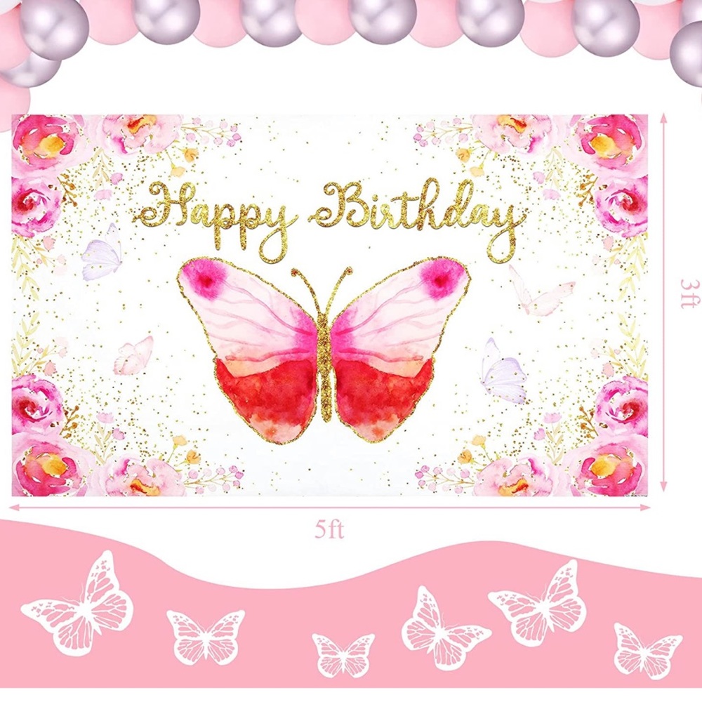 Butterfly Floral Happy Birthday Banner Party Sign & Glitter Cake Topper Set